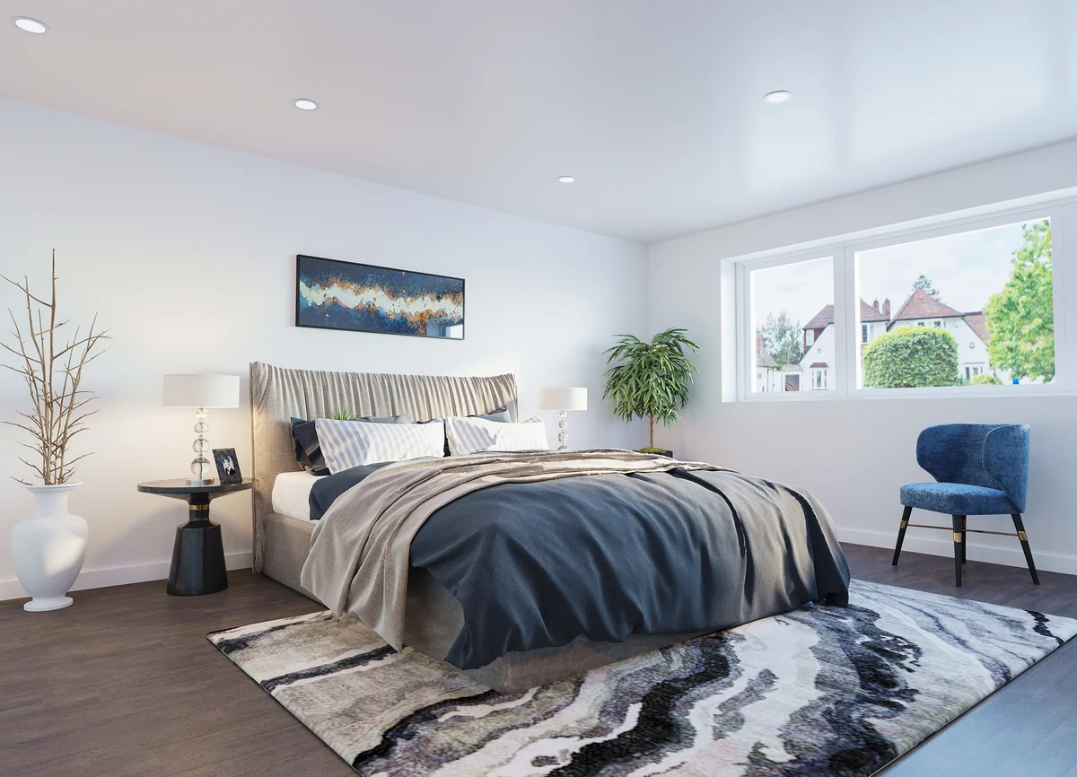 Architectural visualisation of a bedroom in the New Malden development