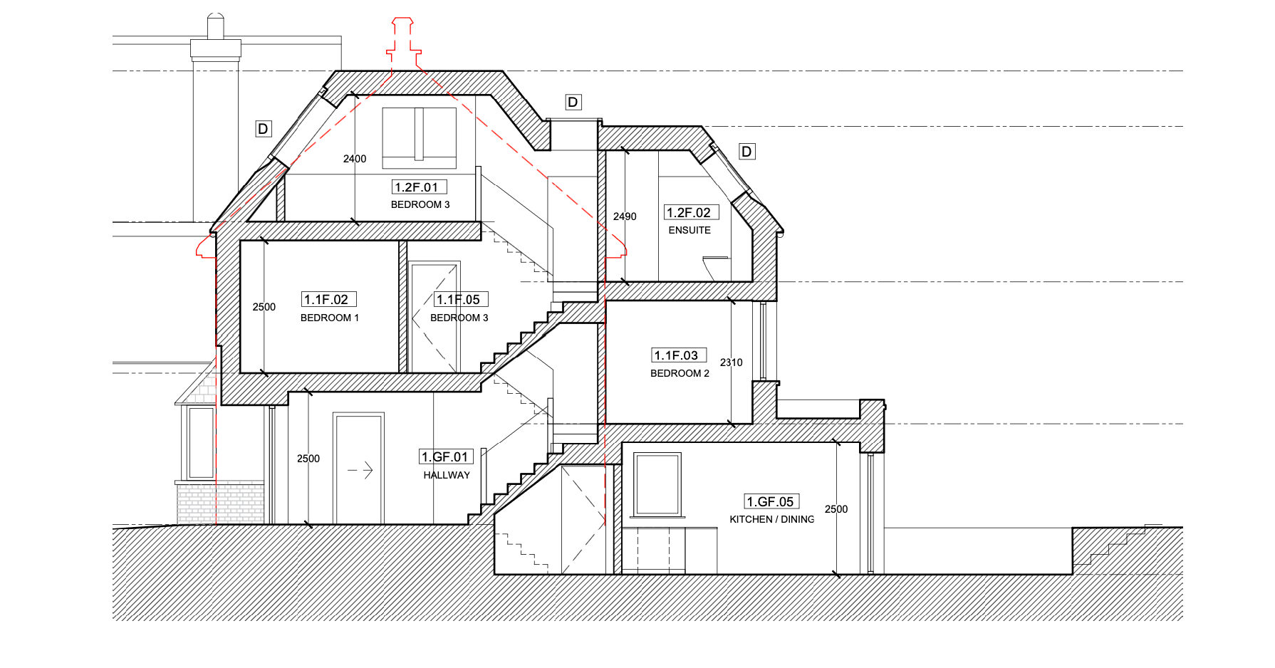 Architectural section drawing for upcoming Kaislar new-build project in Hersham, Surrey