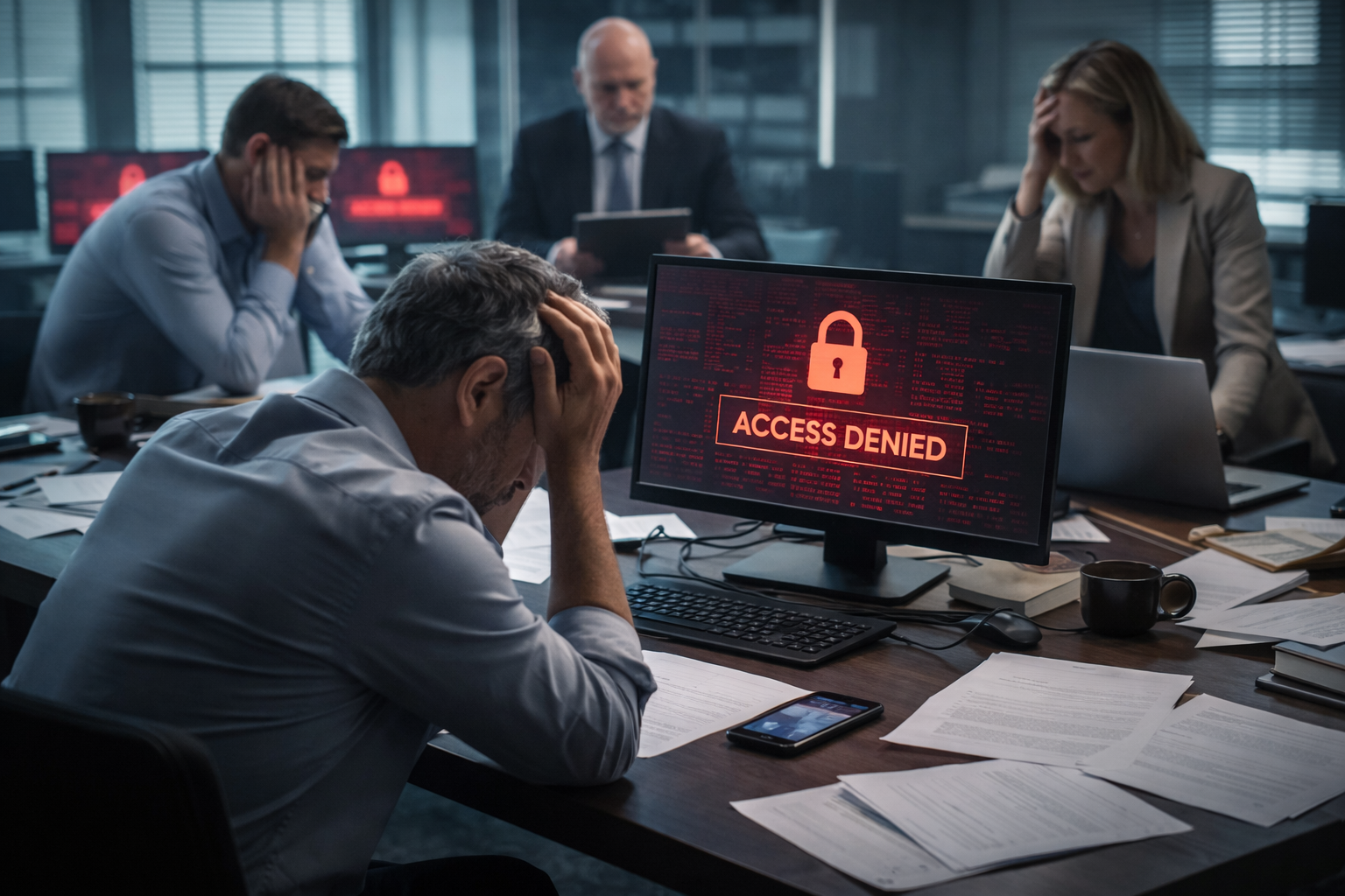 Business owners in a South Florida office facing operational disruption while reviewing documents with systems inaccessible, representing cybersecurity failure and downtime risk for businesses