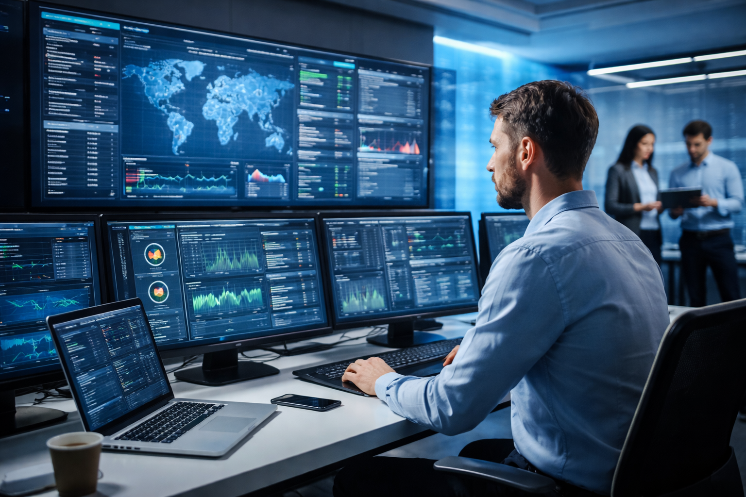 Business IT professional monitoring systems in a modern office environment, representing proactive IT management and continuous system oversight for businesses