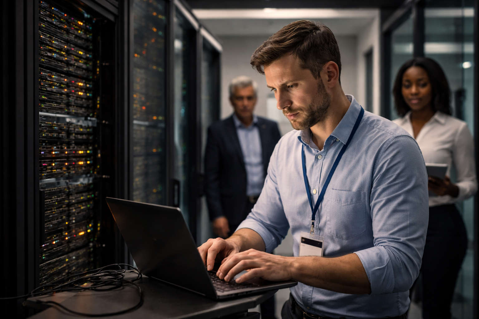IT technician working on business infrastructure while leadership observes in a real small business office environment
