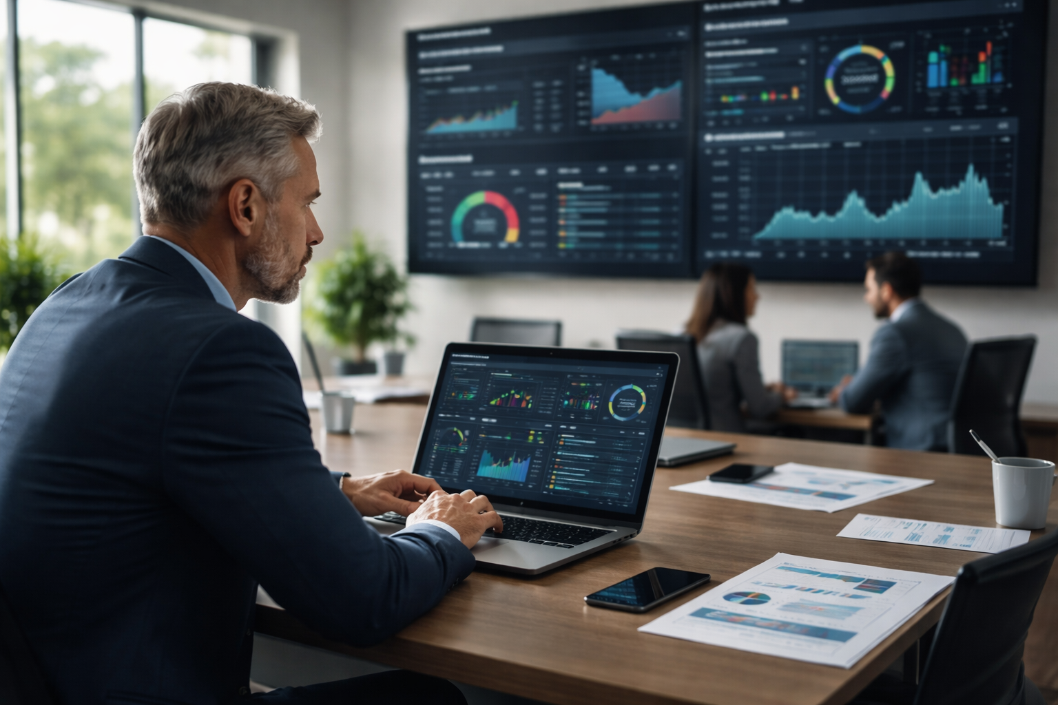 Business owner reviewing cybersecurity risk and system performance in a modern office, analyzing data to prevent downtime and security issues