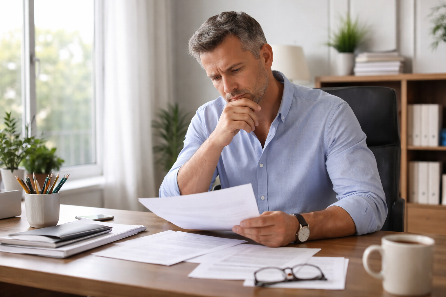 Business owner reviewing printed documents at desk in natural light in a professional office environment