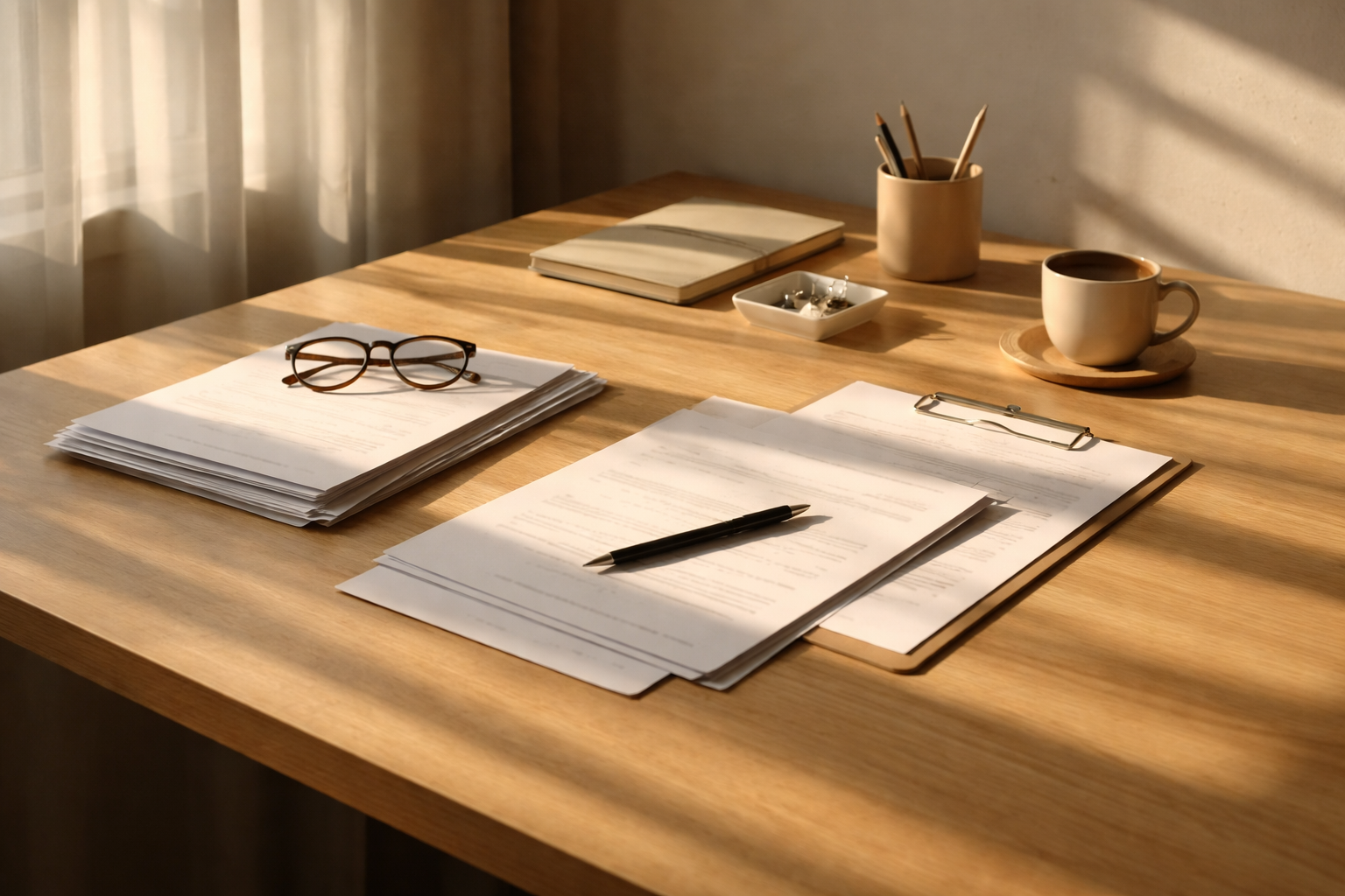 Minimal business desk with organized documents and natural sunlight casting long shadows, symbolizing time passing and operational reflection