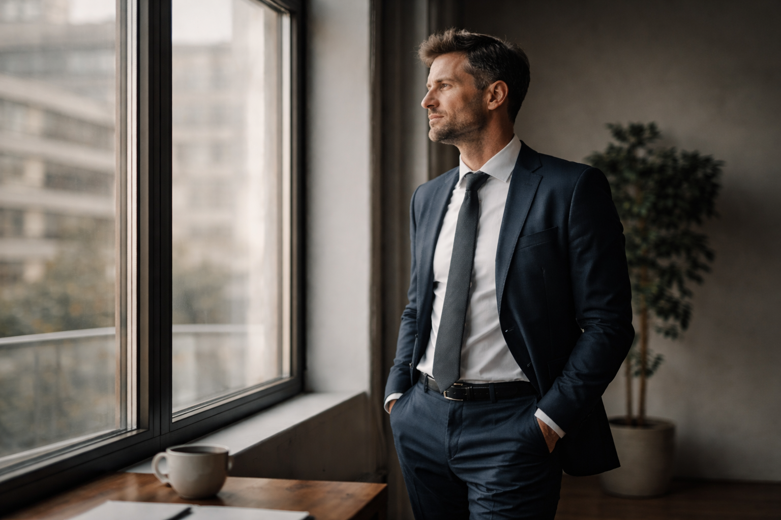 Business owner standing by office window with natural light, looking thoughtful and reflective in a professional workspace