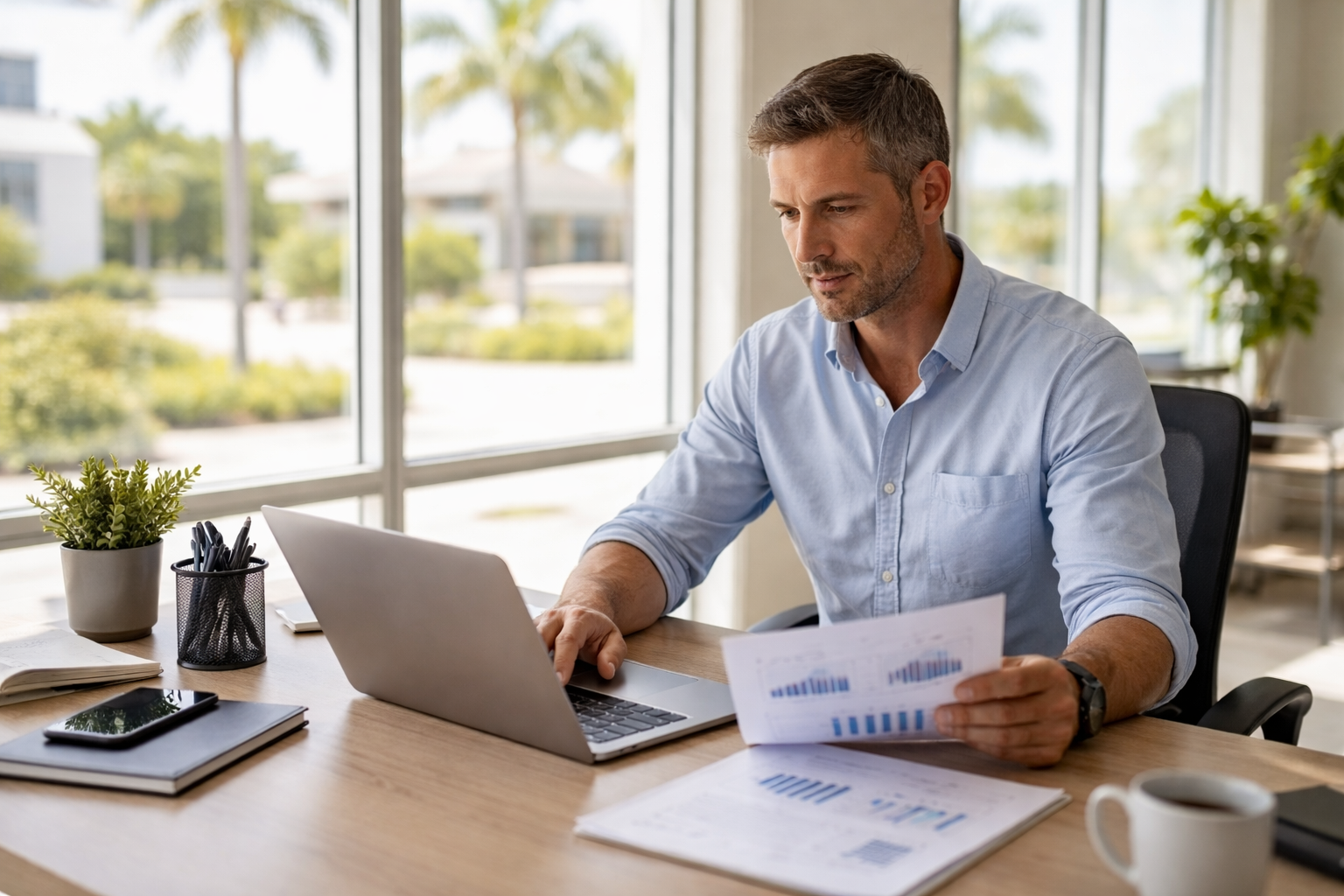 Small business owner in a modern Florida office reviewing reports on a laptop at a clean desk with natural lighting