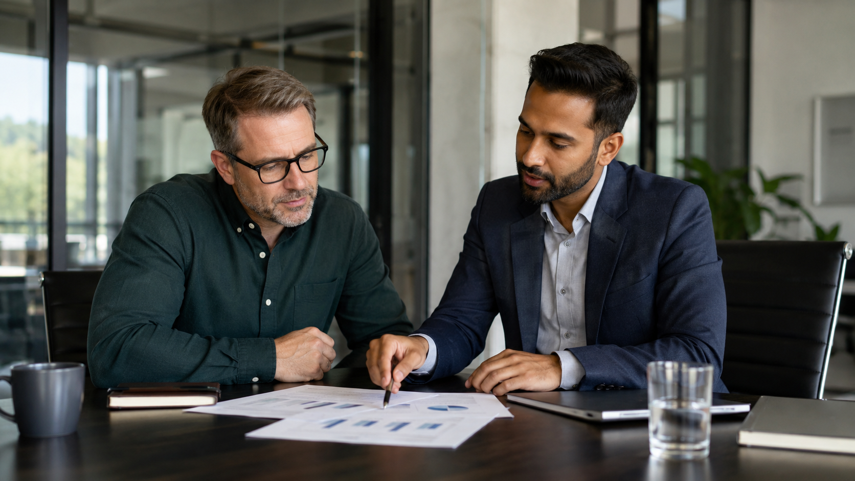 Business owner meeting with an IT advisor to review technology planning in a professional office