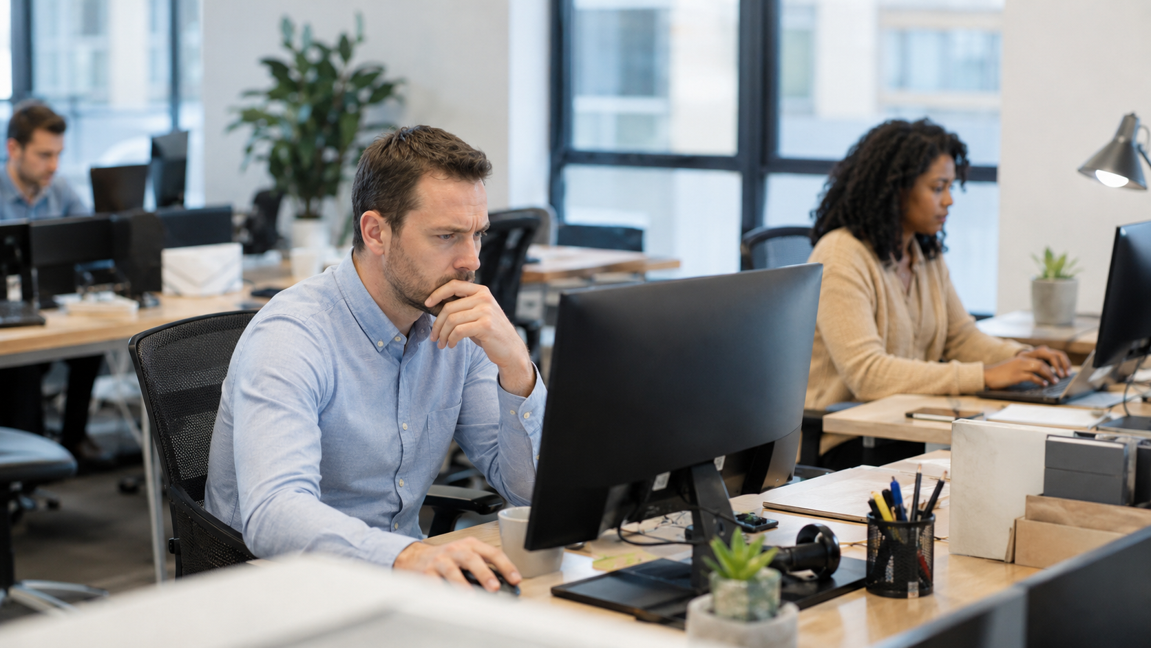 Office employees dealing with slow technology and workflow disruption in a professional workplace