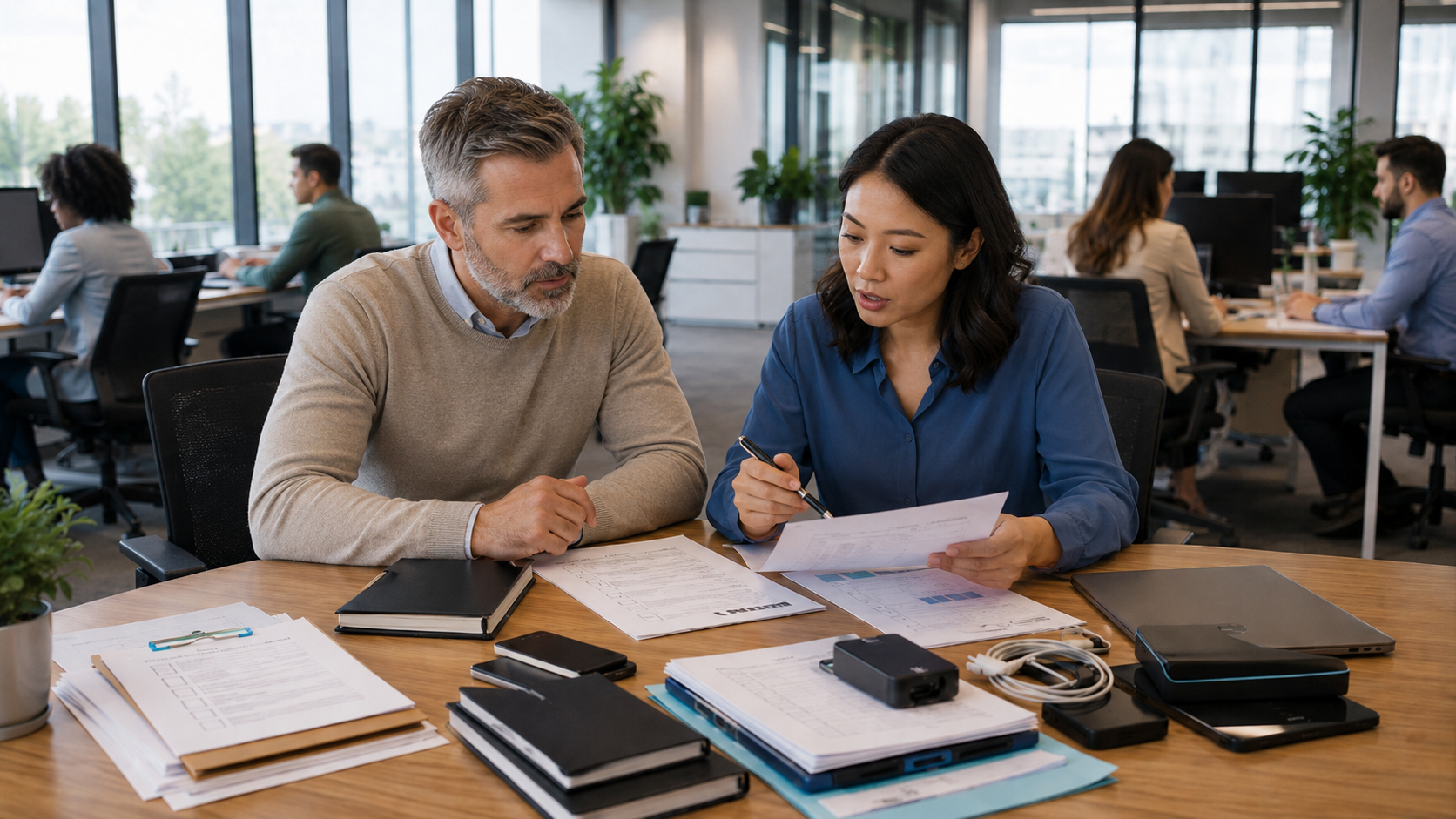 Manager and IT advisor reviewing growth-related technology planning in a professional office