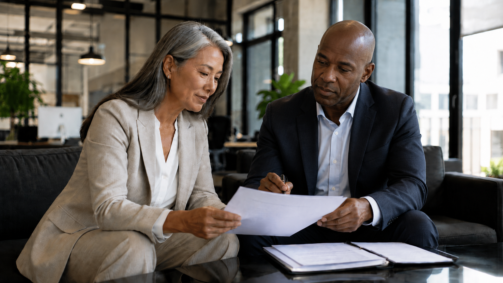 Business owner and IT advisor reviewing a proactive technology plan in a professional office
