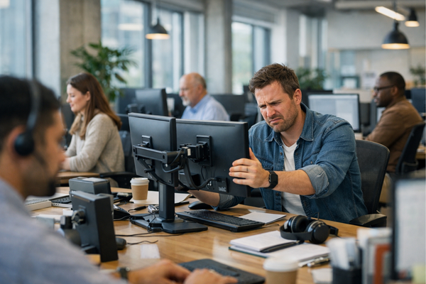 Busy modern office with multiple employees working at desks while one employee adjusts workstation with slight frustration in a professional environment