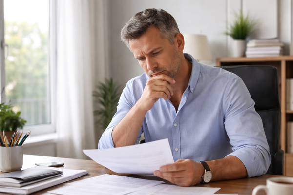 Business owner reviewing printed documents at desk in natural light in a professional office environment