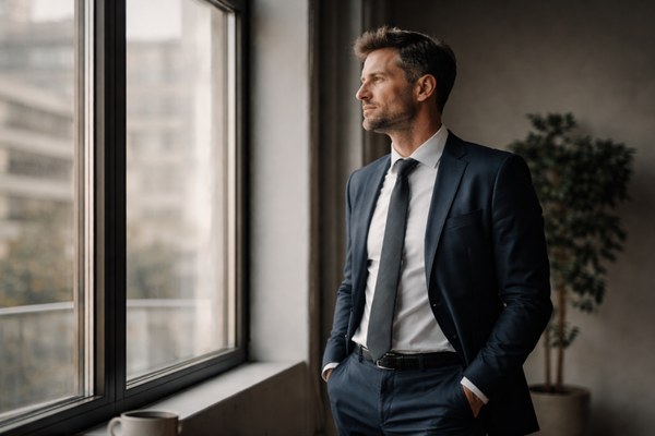 Business owner standing by office window with natural light, looking thoughtful and reflective in a professional workspace