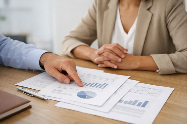Business professionals reviewing reports office