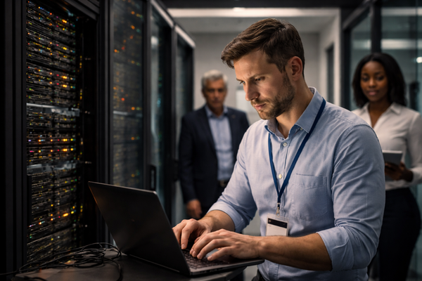 IT technician working on business infrastructure while leadership observes in a real small business office environment