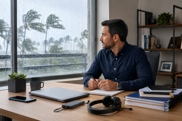 Professional working remotely during hurricane season with secure business continuity setup