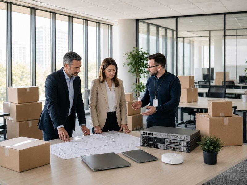 Business leaders working with an IT advisor to plan network, cloud, and cybersecurity support for a new office location