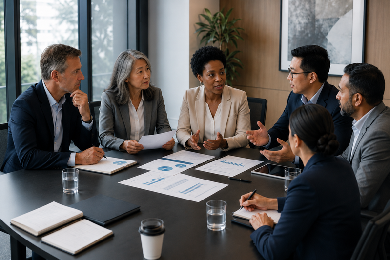 Executive team discussing national IT support, cybersecurity, cloud strategy, and reporting for a multi-location business