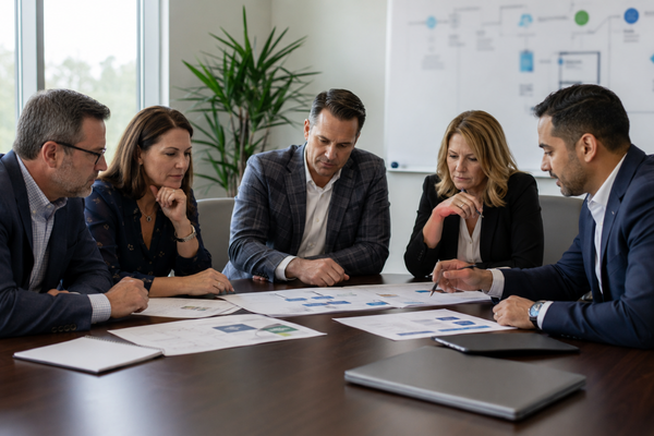Florida business leaders reviewing an IT roadmap with a managed IT advisor for growth planning Florida business leaders reviewing an IT roadmap with a managed IT advisor for growth planning