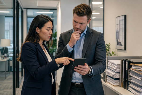 Accounting professionals verifying a suspicious message during tax season