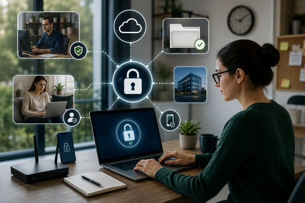 Accounting professional using secure remote access and cloud file protection before tax season