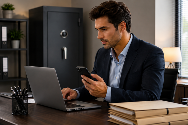 Accounting professional using multi-factor authentication to securely access client files in a modern accounting office.