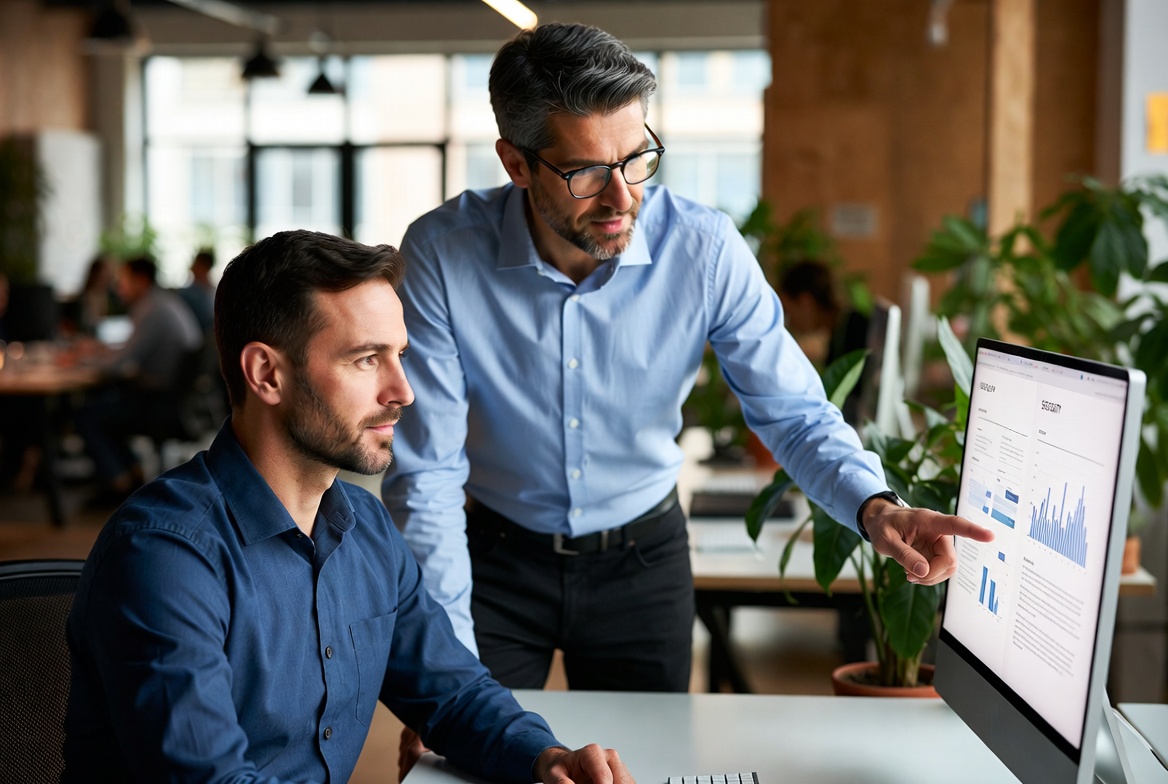 Two business professionals reviewing unusual account activity on a computer screen