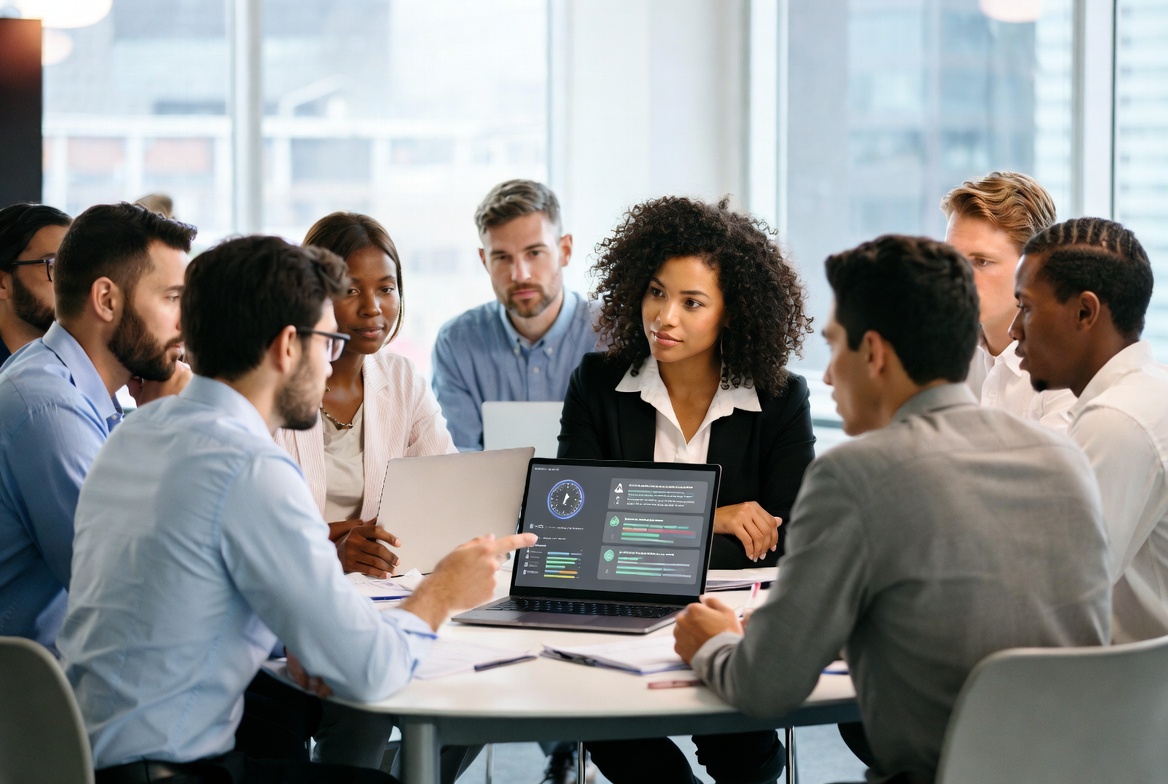 Business team discussing cybersecurity protection and phishing prevention in a conference room