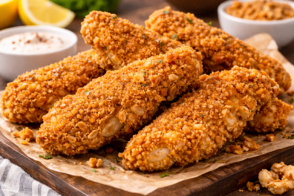 chicken fingers breaded with crushed pork rinds