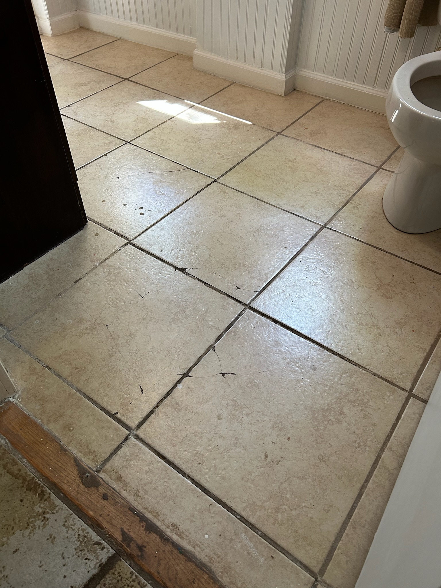 Bathroom floor with stained discolored grout