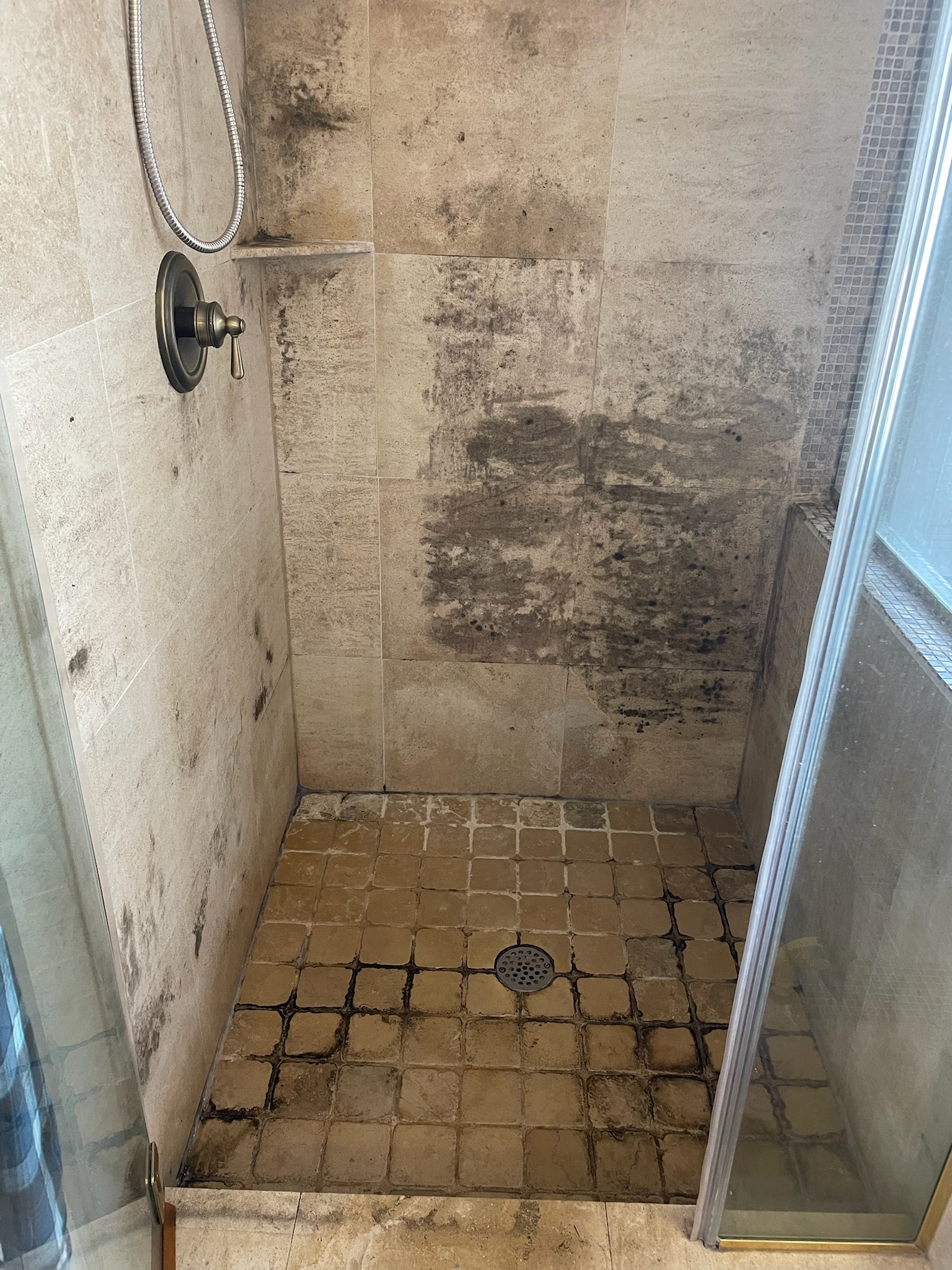 Shower with heavy soap scum and discolored grout