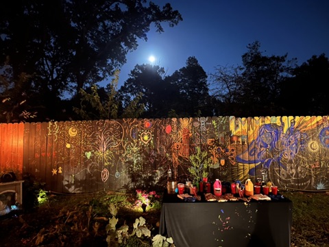 Mural fence under moonlight