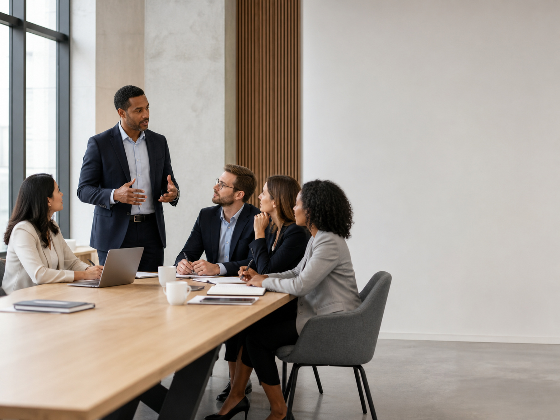 Five tax professionals collaborating in a modern office