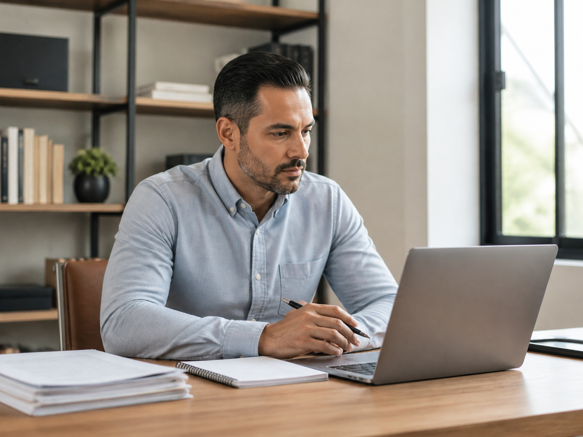 Tax-business owner reviewing training at a laptop