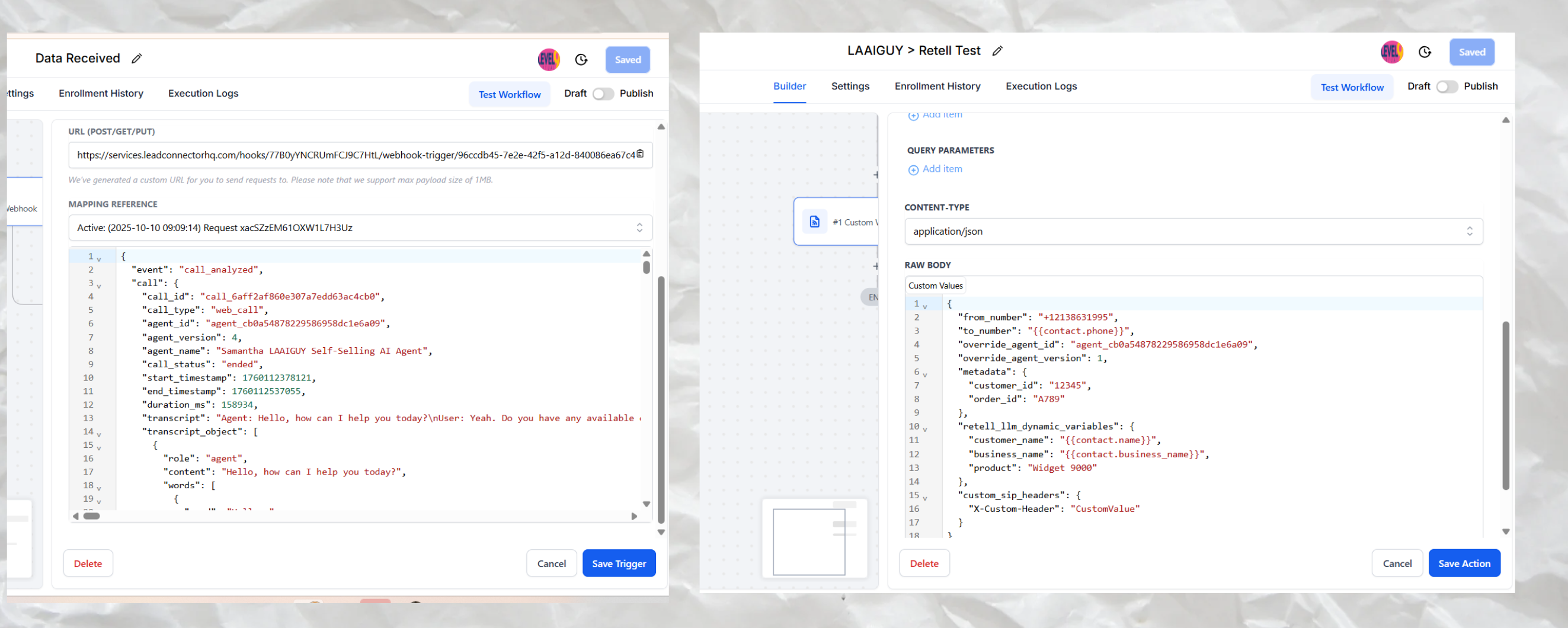 Webhook trigger configuration screen with endpoint and payload, redacted