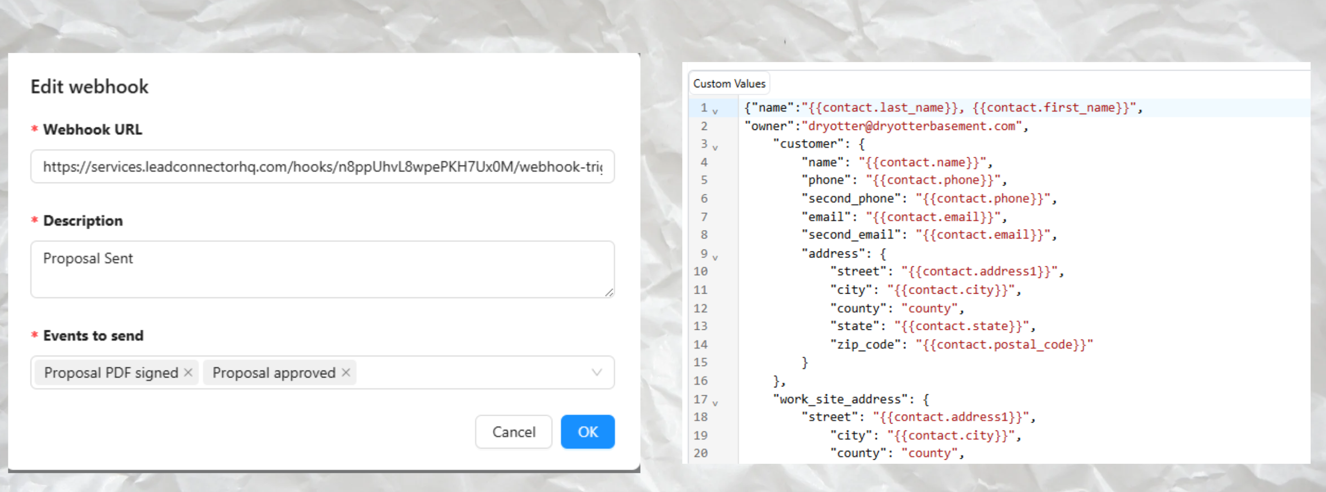 Outbound webhook action configuration with custom values, redacted