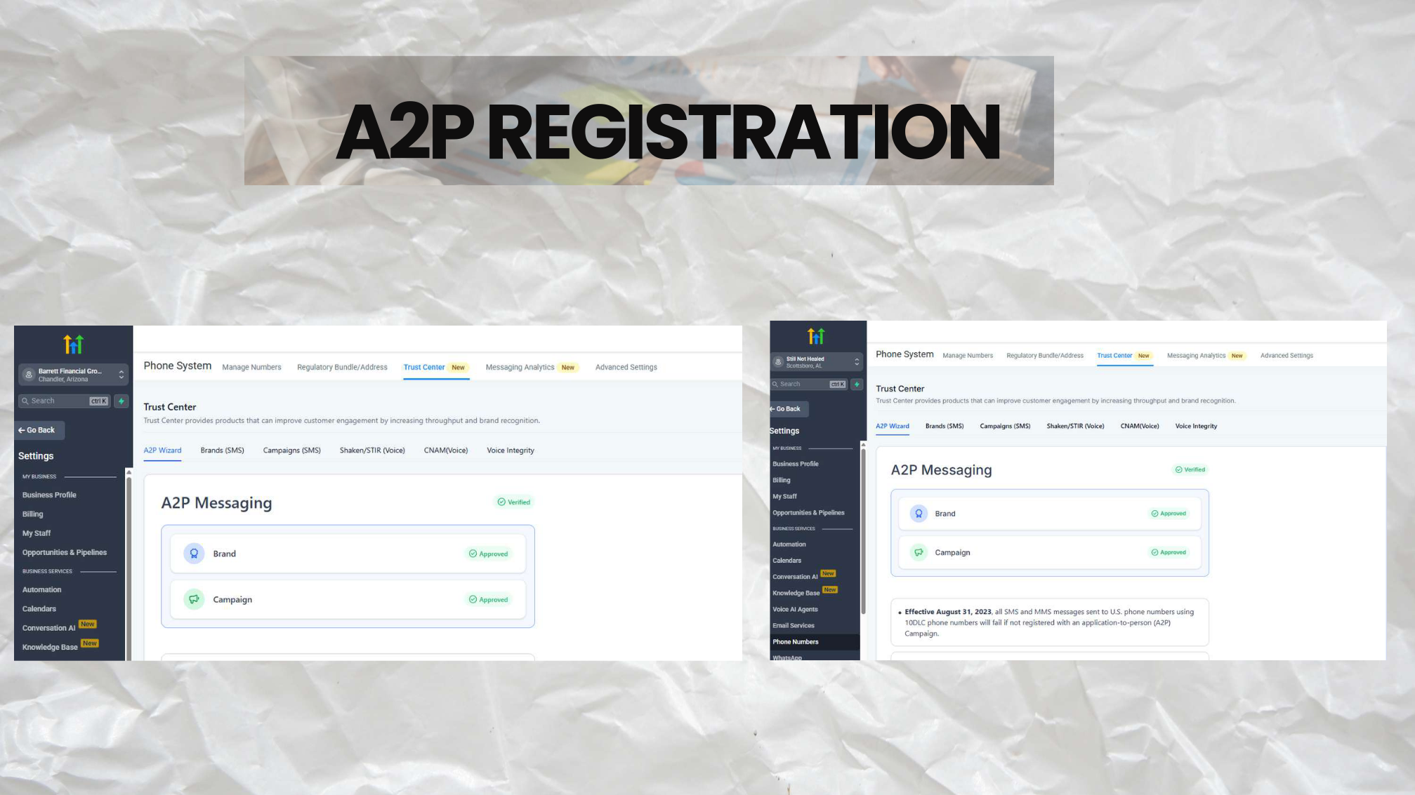 A2P registration brand submission form with business identity details, redacted