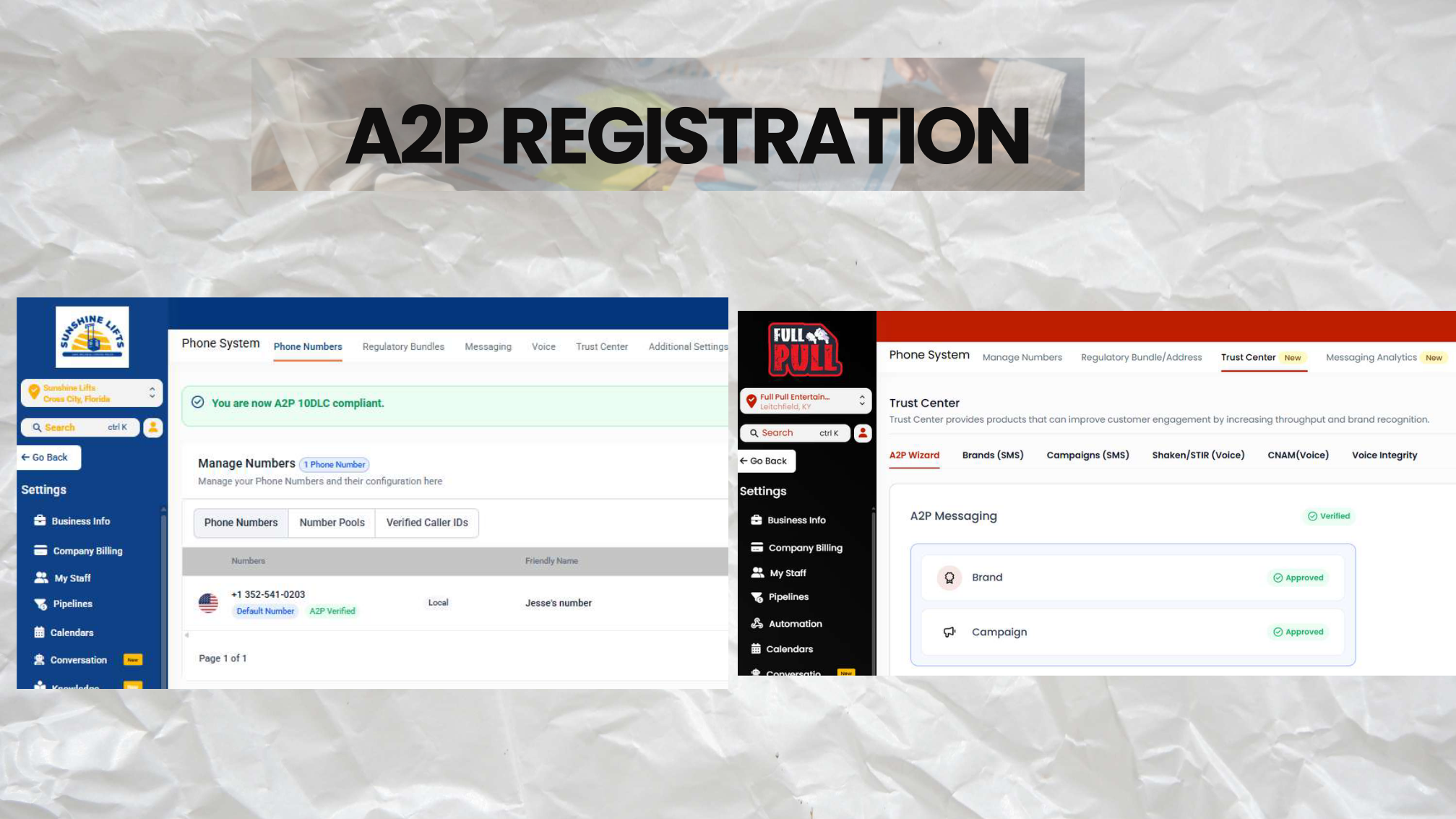 A2P campaign registration details with use case and sample message, redacted