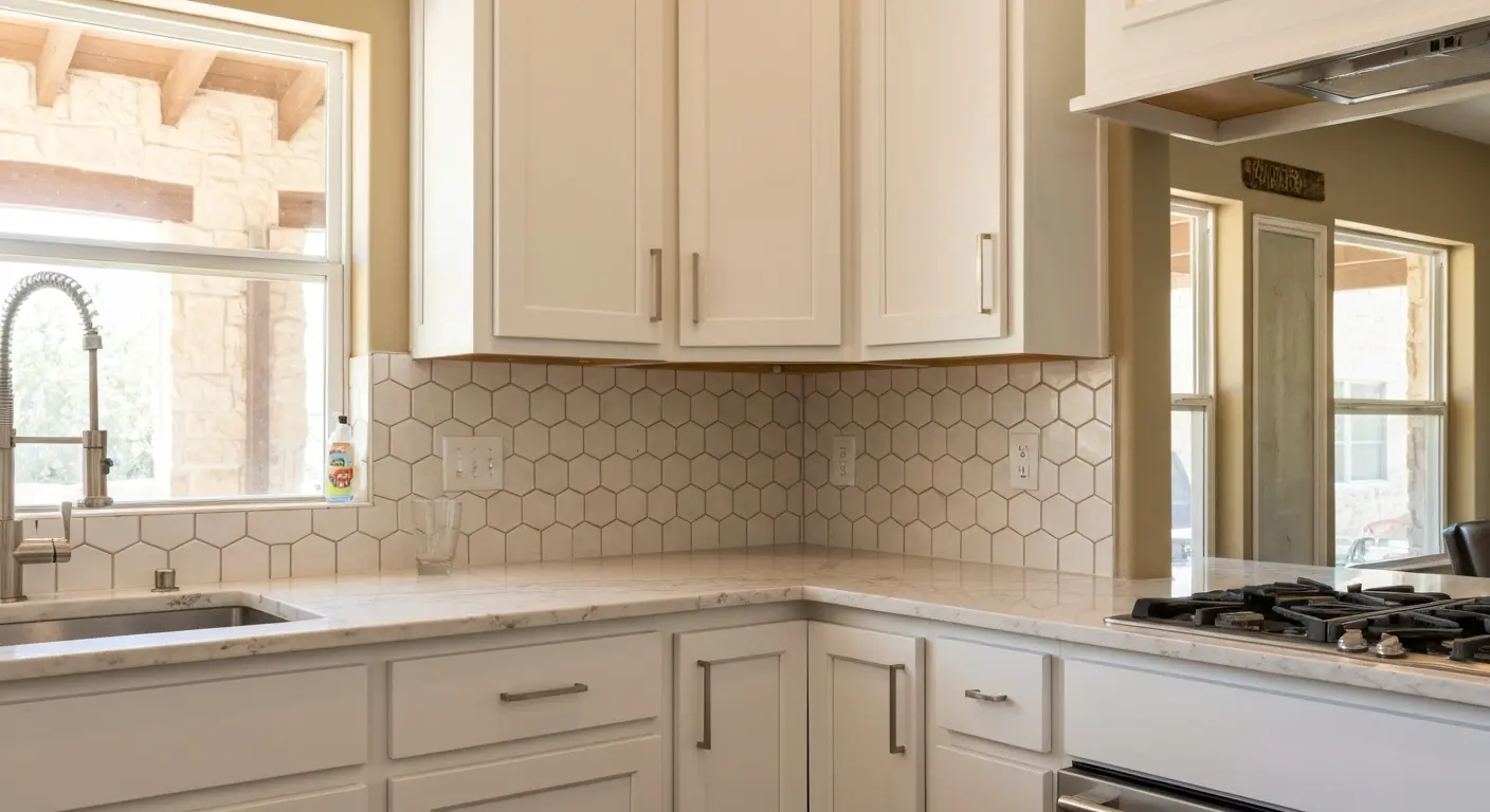 Modern kitchen remodel with white cabinets and tile backsplash