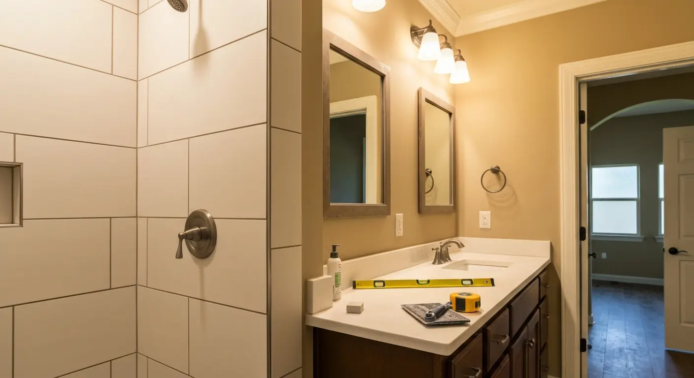Tile shower with vanity in newly remodeled bathroom