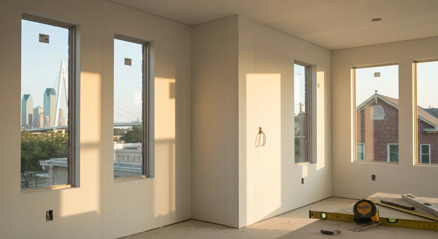 Freshly drywalled room addition with bright natural light