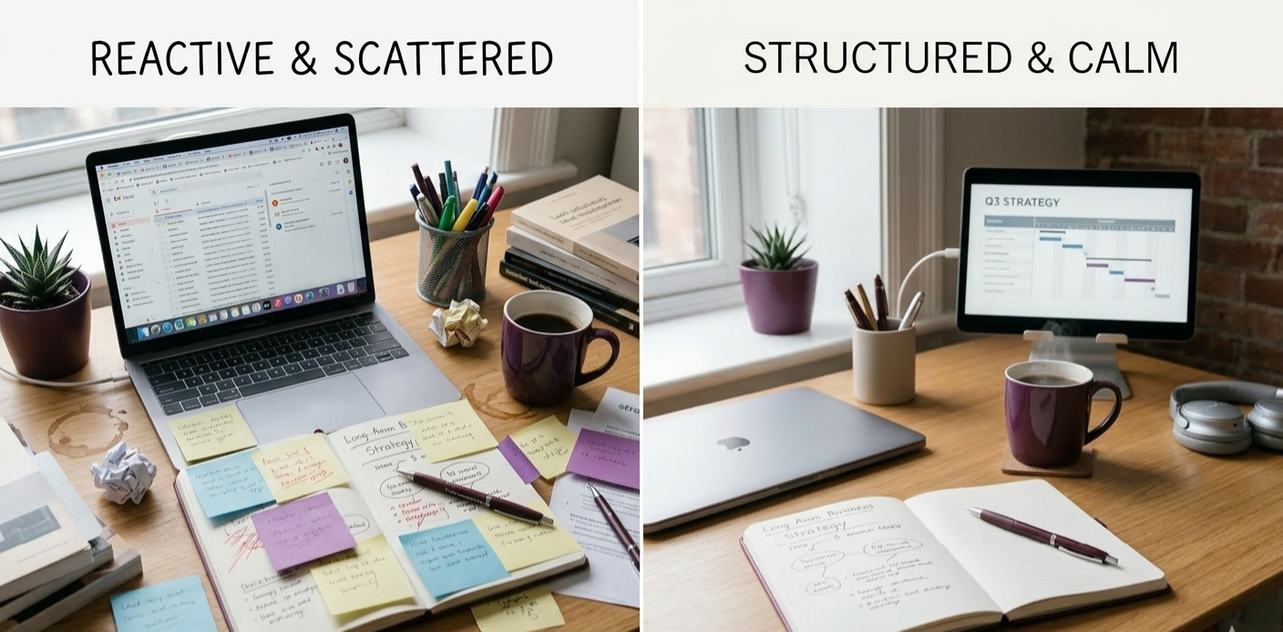 Contrast between reactive task-based working and structured virtual business management — organised workspace vs. scattered notes