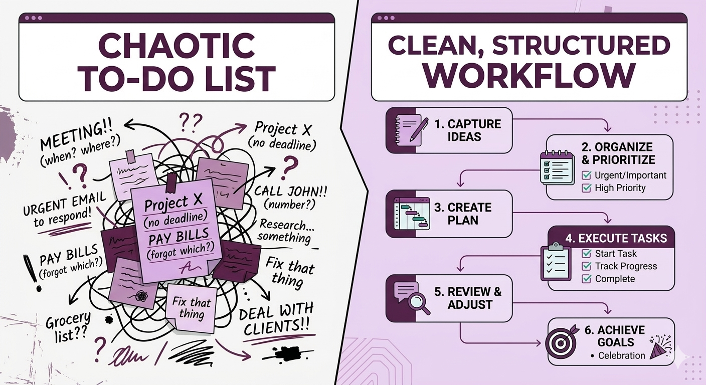 A simple graphic showing a disorganised task list on one side and a clean, structured workflow on the other, illustrated in deep purple and soft lilac.