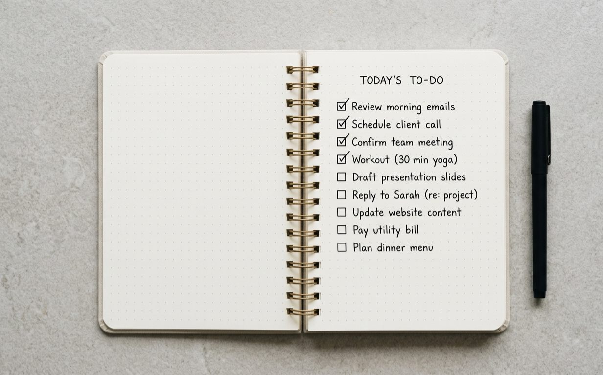 An overhead flat-lay of an open planner with a short handwritten list, some items ticked, on a clean white surface with a pen.