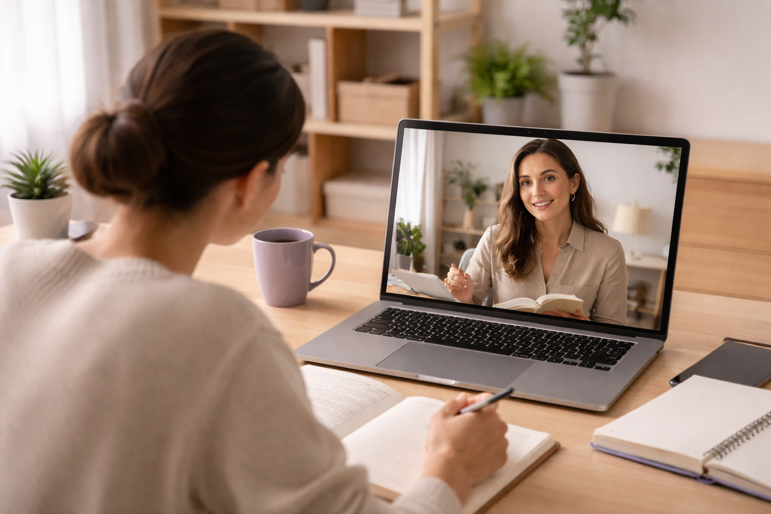 Two professionals in a relaxed working conversation, one listening attentively while the other explains, shown in a warmly lit, neutral setting.