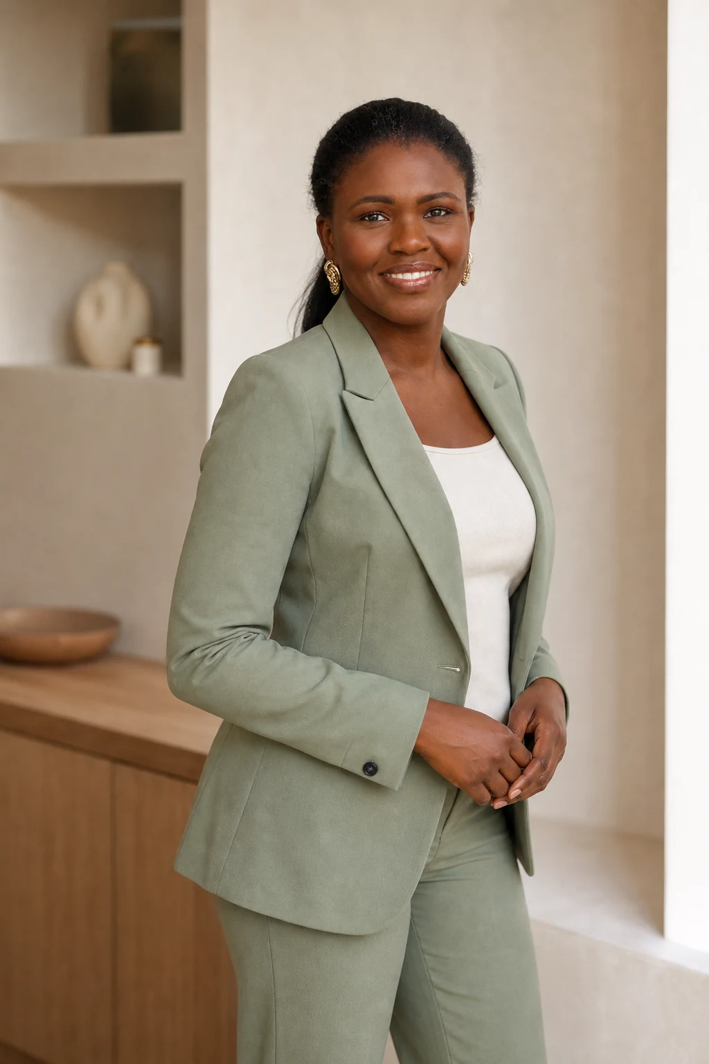 Tracey, founder of Trace Assists, standing in a sage blazer