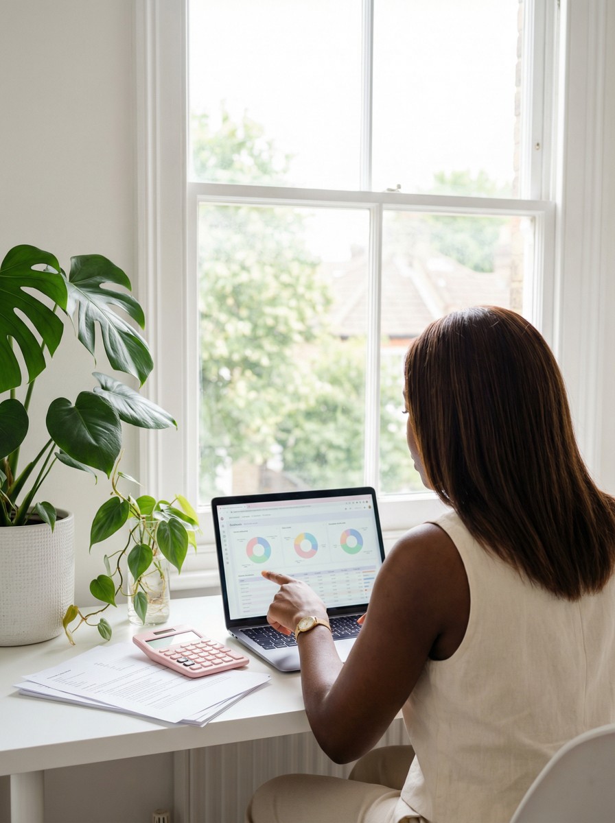 Tracey working from a bright home workspace