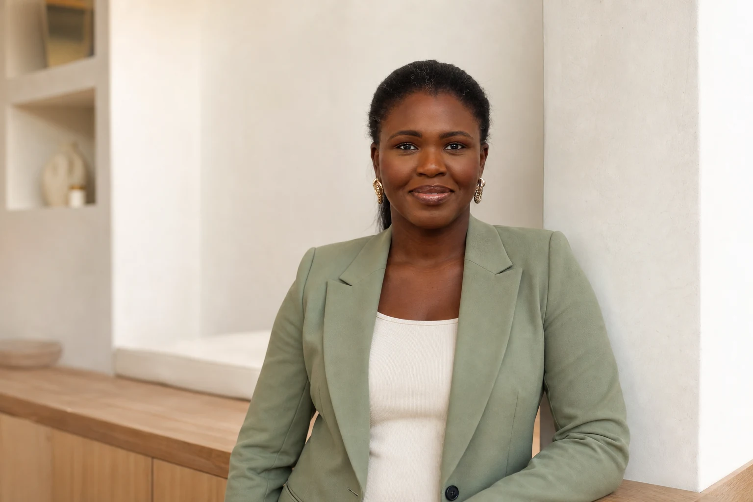 Tracey, founder of Trace Assists, wearing a sage blazer