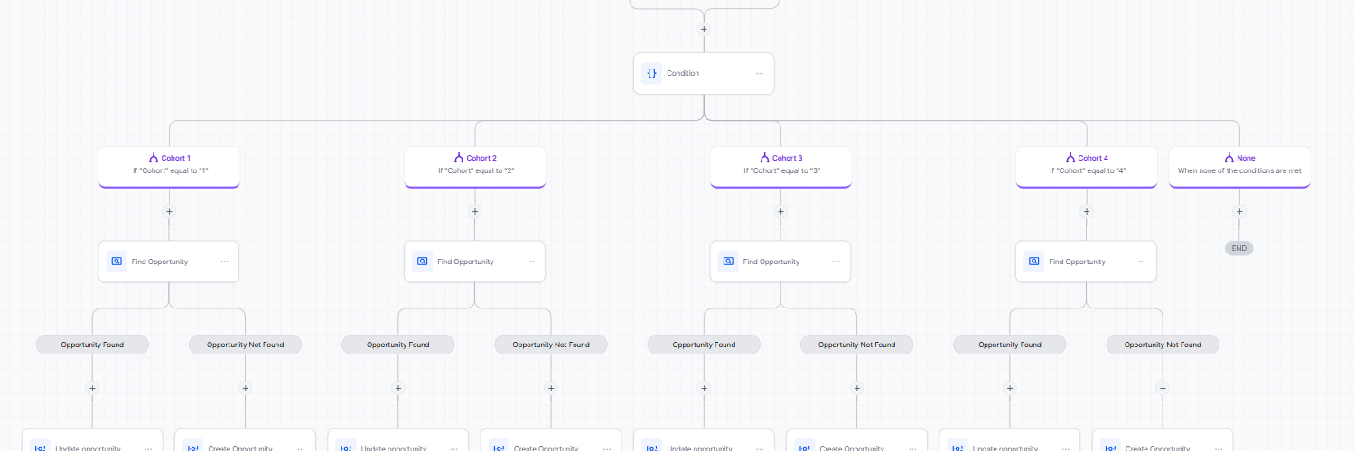 Selected portion of a GoHighLevel workflow that routes delegates between cohorts
