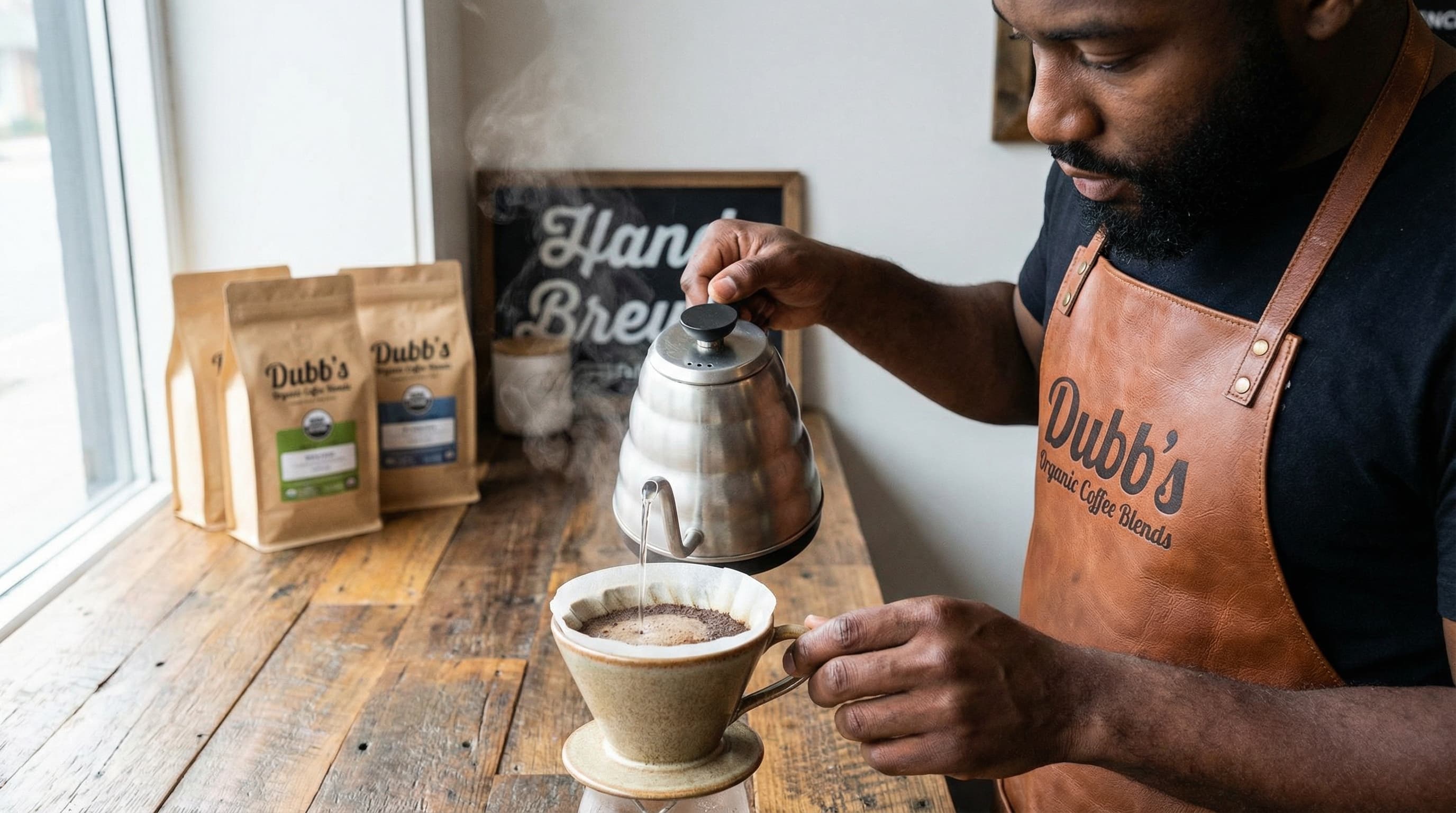 Alt text: Artisan pour-over at Dubb's Organic Coffee Blends West Hollywood
